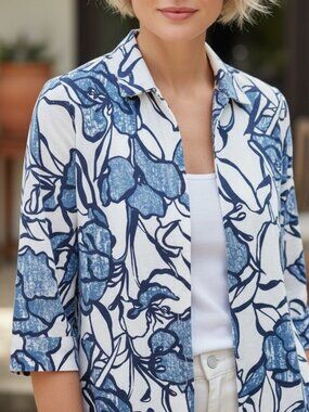 Chico’s Blue Floral Linen Blend Open Front Jacket Lightweight Size 3
